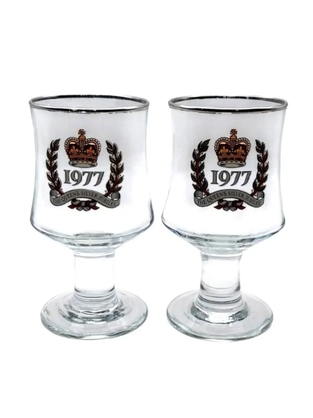 Queens Silver Jubilee Glass Goblet Set of 2 Silver Rim 1977 Elizabeth II Vintage